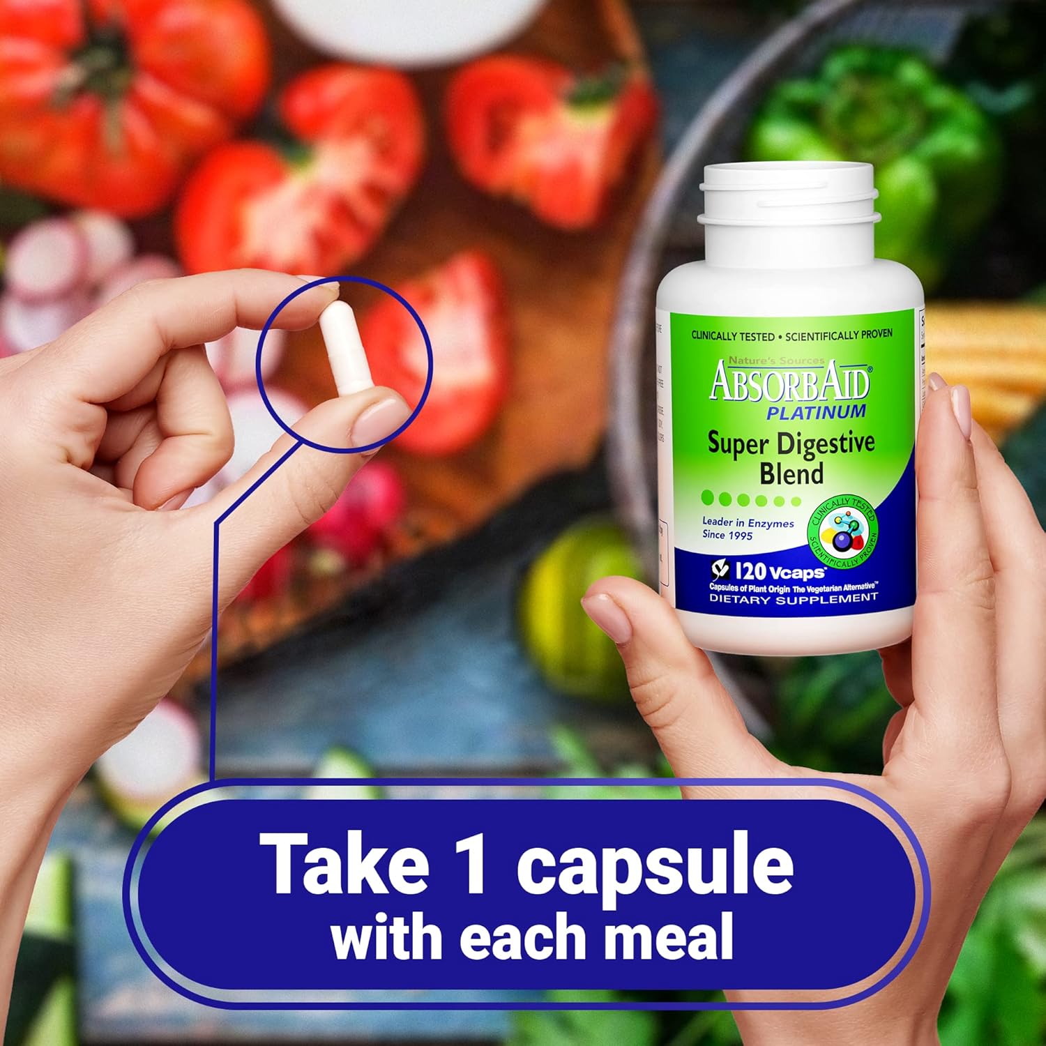 AbsorbAid Platinum Digestive Enzyme Support with 12 Enzymes and 2 Probiotics - 120 vCaps for Maximum Relief