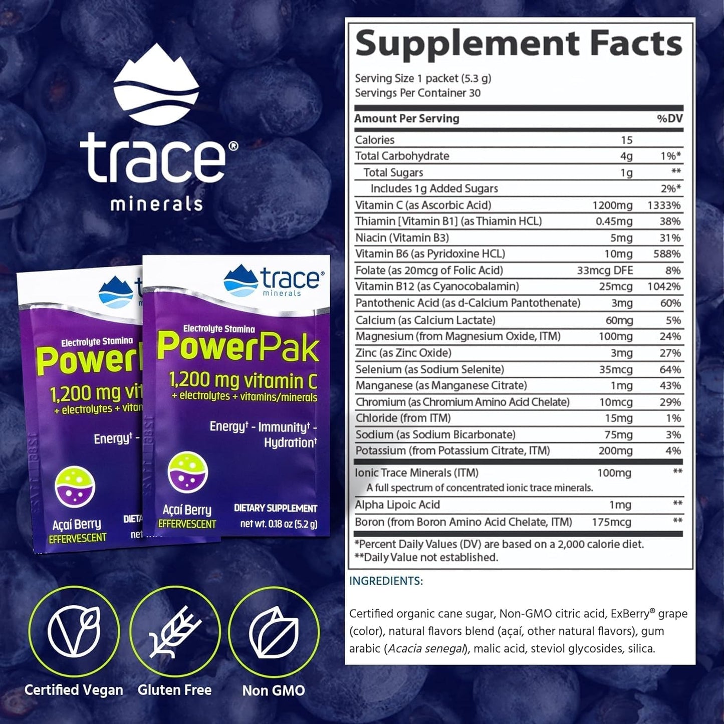 Acai Berry Electrolyte Powder Packets with Trace Minerals - Boost Immunity, Hydration and Energy - 90 Packets