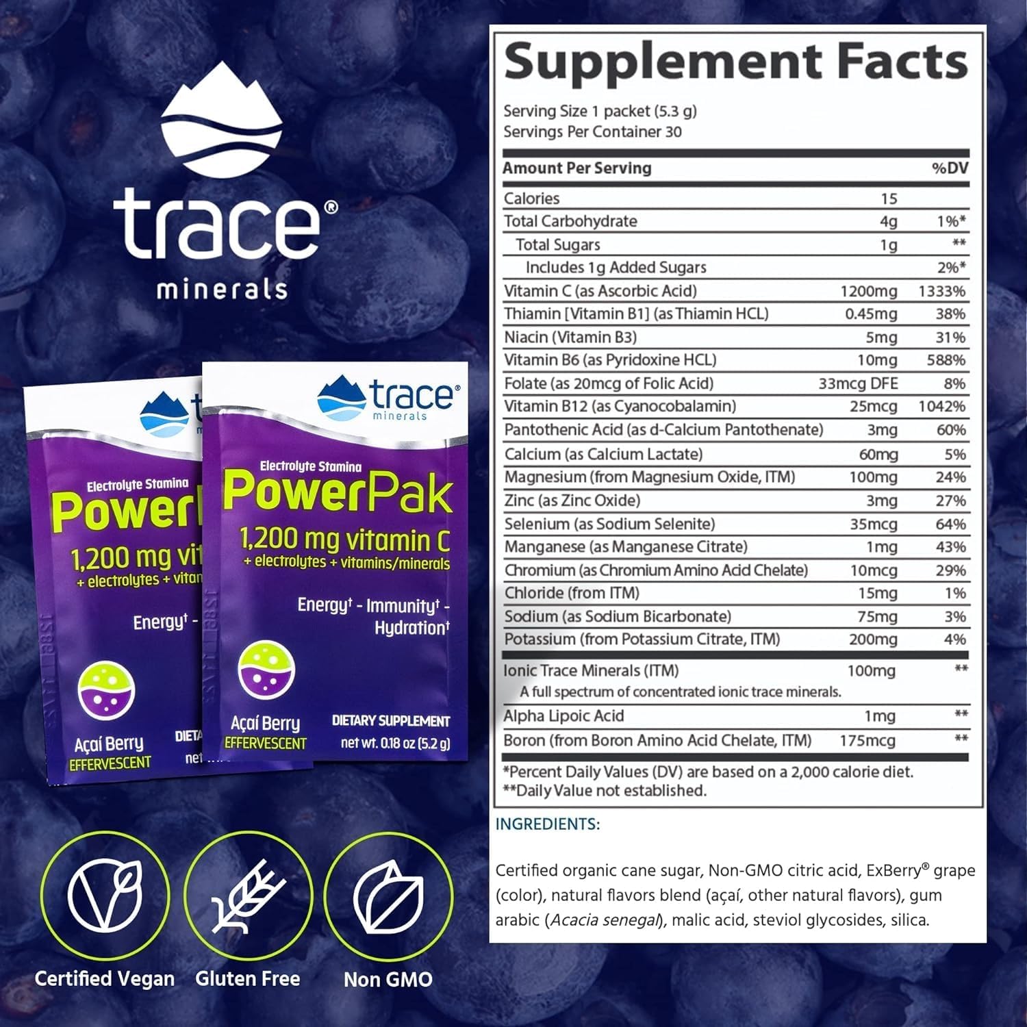 Acai Berry Electrolyte Powder Packets with Trace Minerals - Boost Immunity, Hydration and Energy - 90 Packets