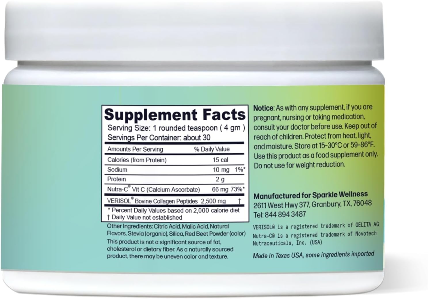 Acai Lemonade Collagen Powder Supplement for Skin, Hair & Nails | VERISOL Peptides & Vitamin C Boost - 30 Servings