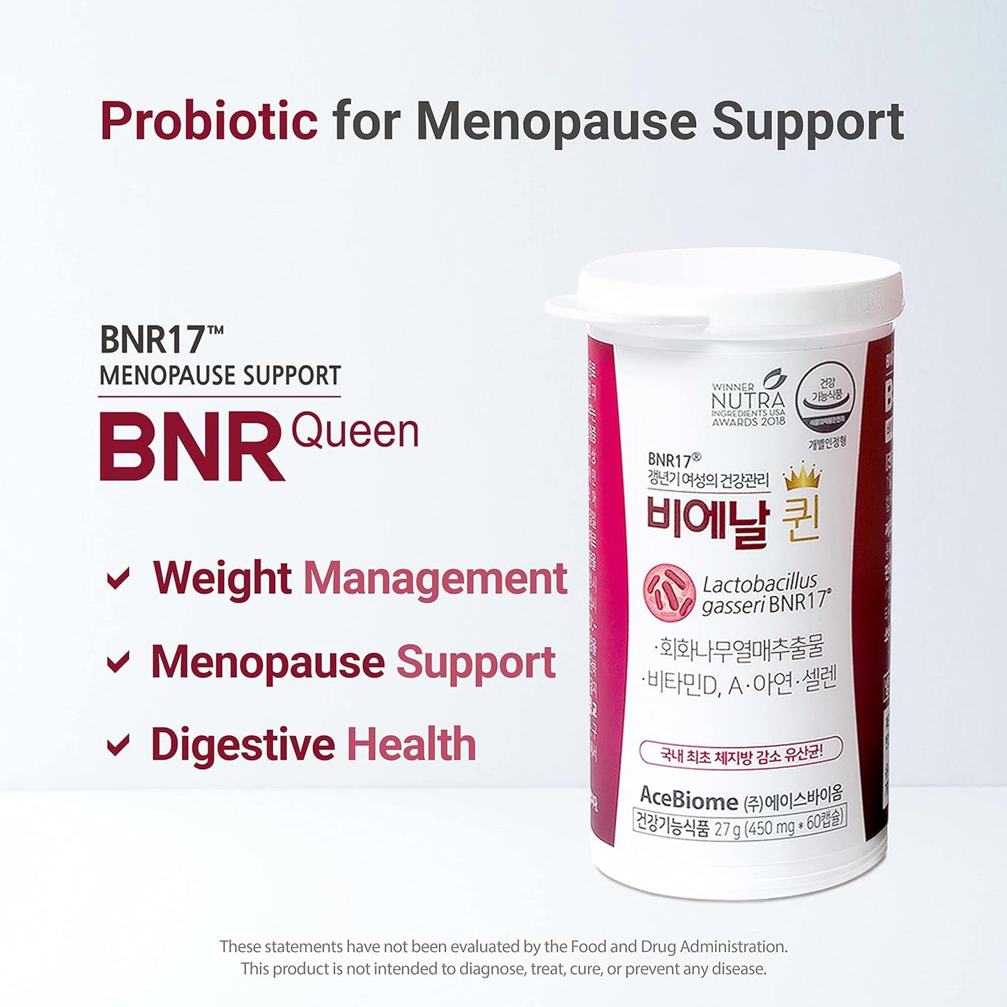 AceBiome Bnr Queen Menopausal Support Probiotic for Women - 10 Billion CFU, Lactobacillus gasseri BNR17 - 120 Capsules