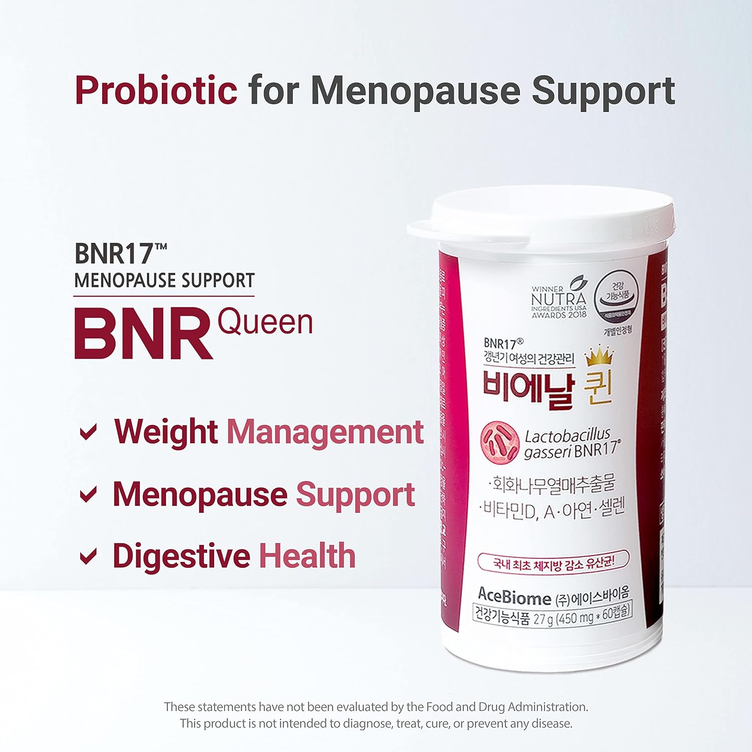 AceBiome Bnr Queen Menopausal Support Probiotic for Women - 10 Billion CFU, Lactobacillus gasseri BNR17 - 120 Capsules