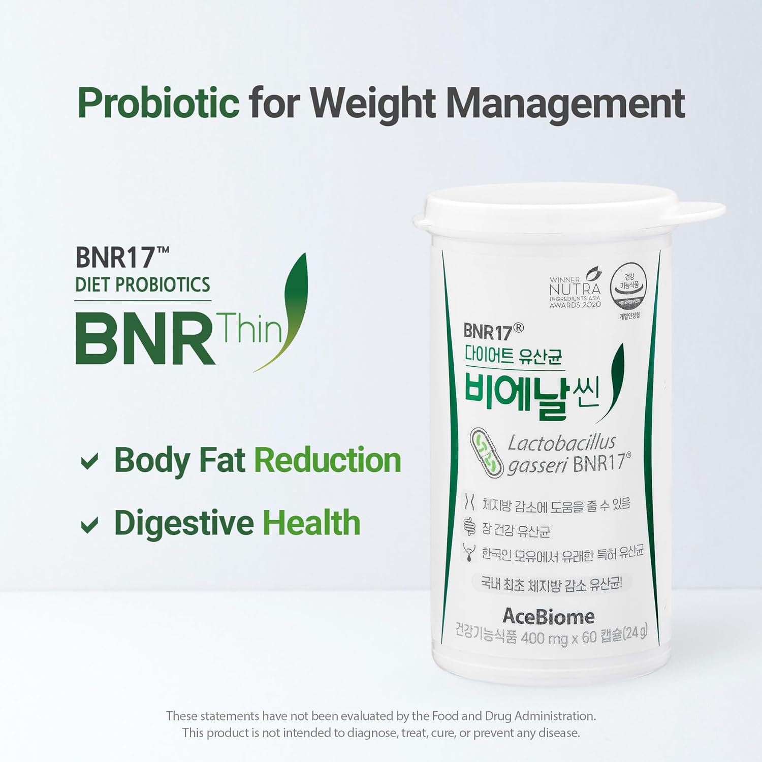 AceBiome BNRThin Probiotic, 10 Billion CFU, Lactobacillus gasseri BNR17, Digestive Health Support, 180 Capsules