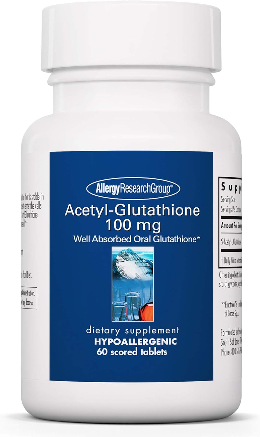 Acetyl-Glutathione 100mg Supplement for Immune Support - Hypoallergenic, Well-Absorbed Oral Glutathione Tablets - 60 Count