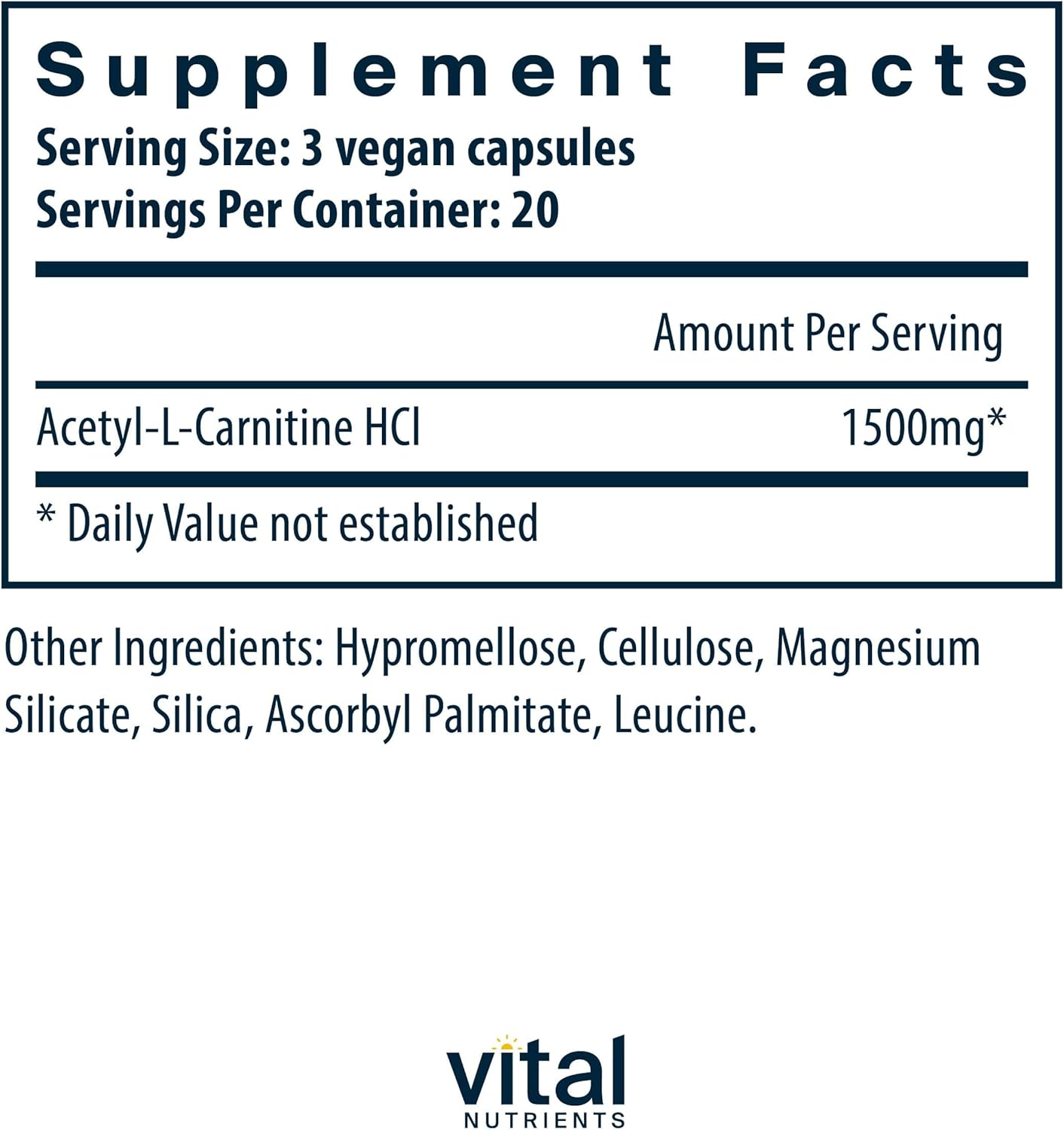 Acetyl L-Carnitine 500mg Supplement for Brain, Memory, and Cognitive Support | Vegan, Non-GMO | Gluten, Dairy, Soy Free | 60 Capsules
