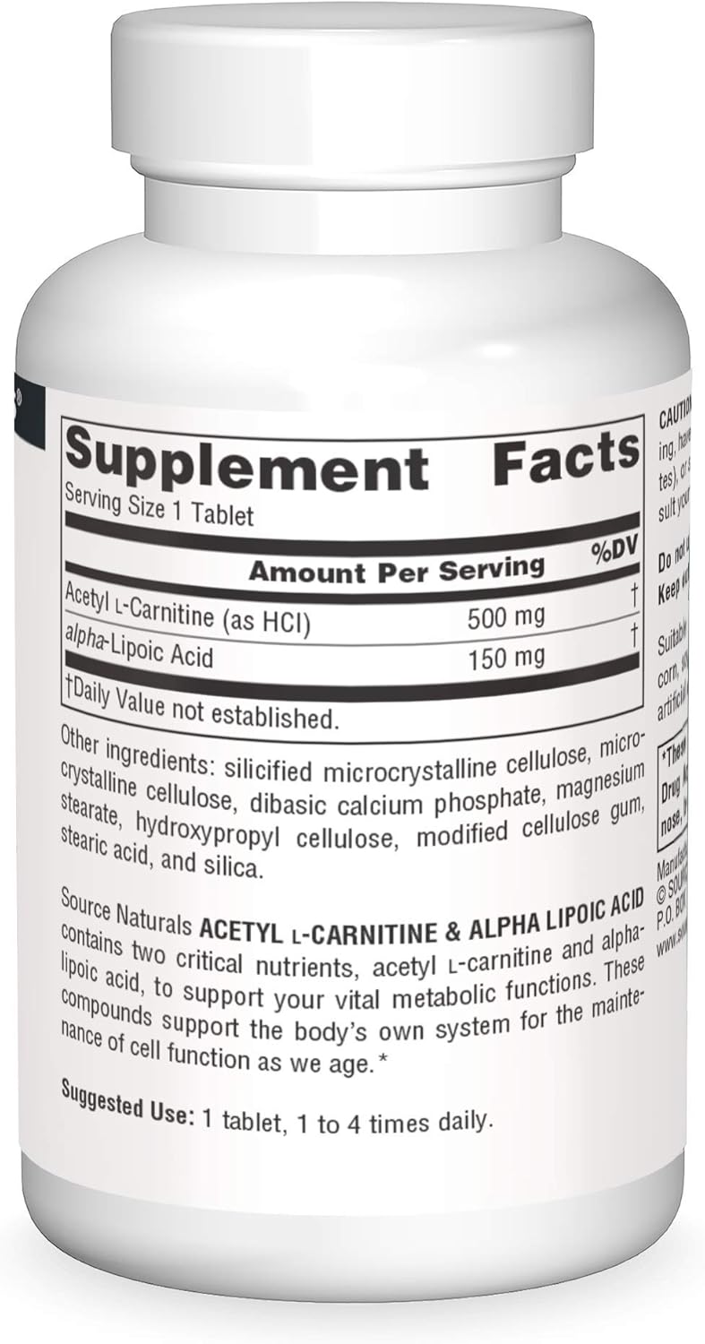 Acetyl L-Carnitine & Alpha-Lipoic Acid 650mg Tablets by Source Naturals - 30 Count