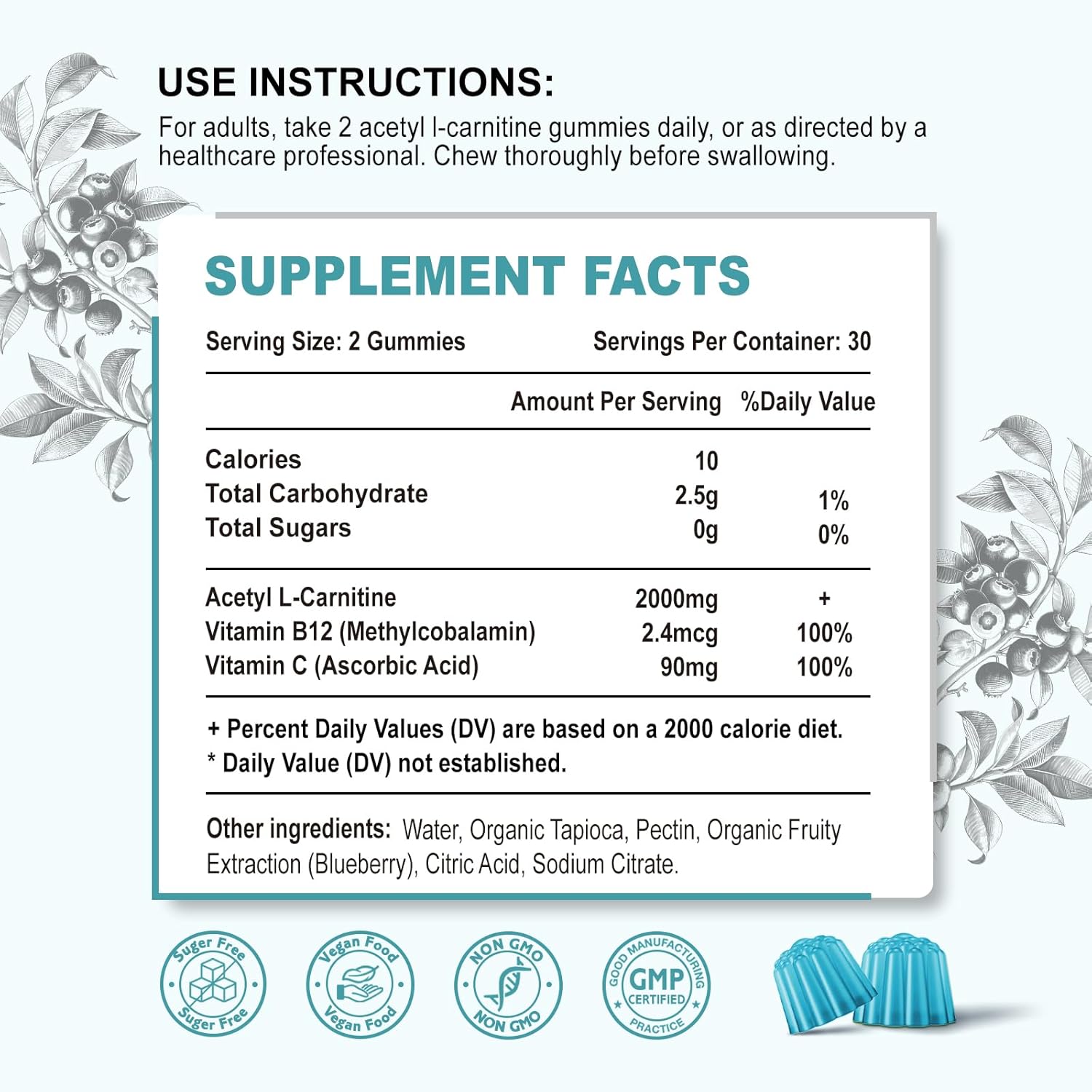 Acetyl L-Carnitine Gummies with Vitamin C & B12 - Energy & Brain Support for Women & Men - 60 Vegan Gummies