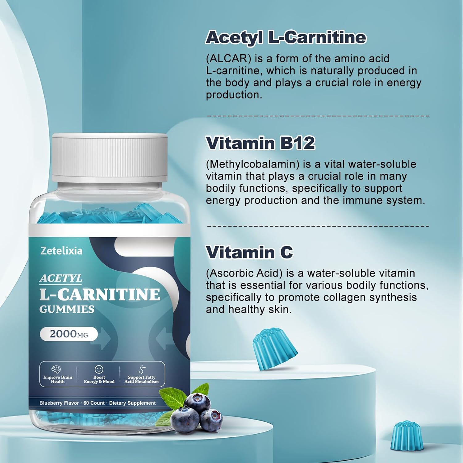Acetyl L-Carnitine Gummies with Vitamin C & B12 - Energy & Brain Support for Women & Men - 60 Vegan Gummies