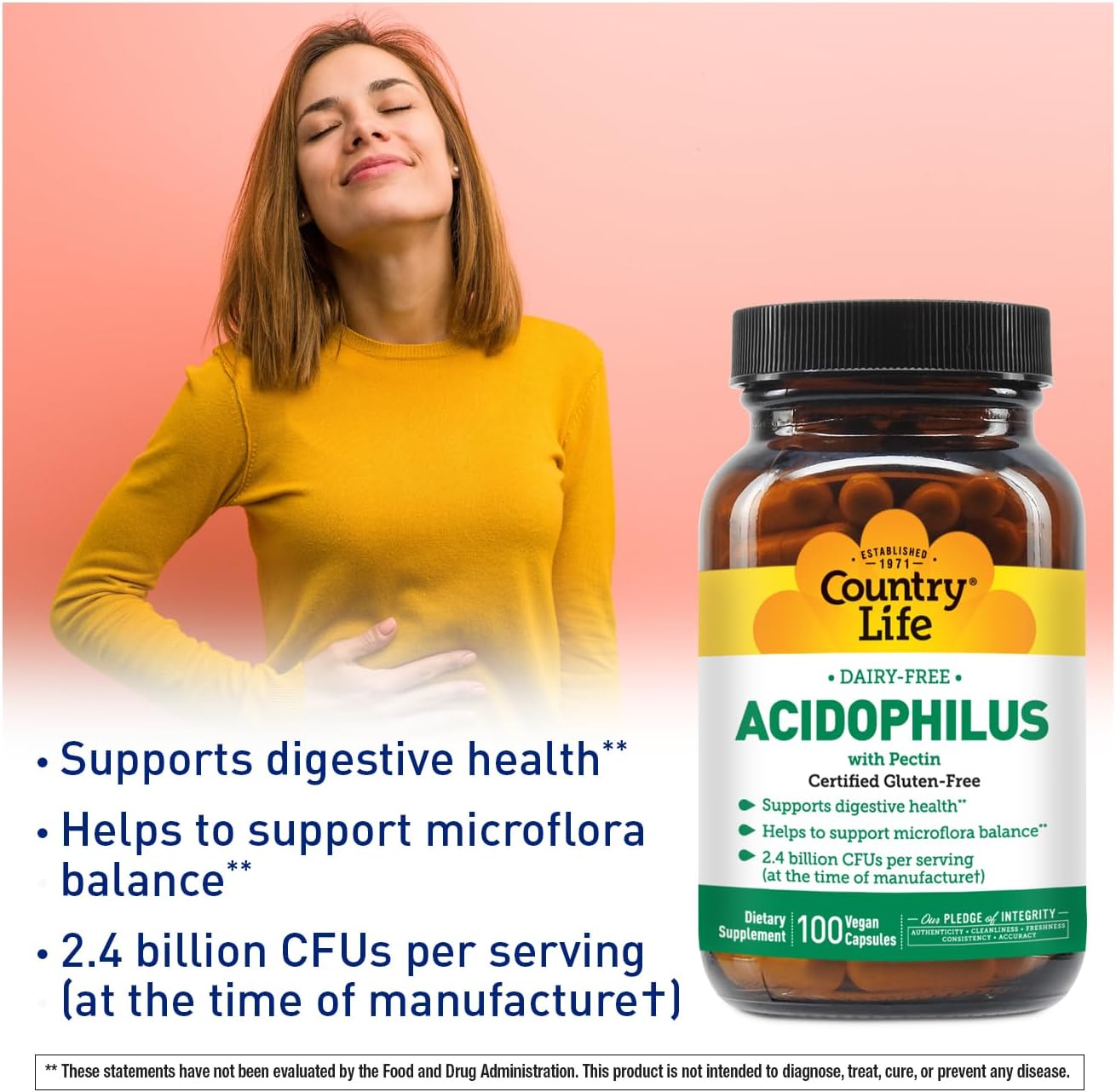 Acidophilus Probiotic Supplement for Women & Men - 2.4 Billion CFUs - Supports Digestive Health - Dairy-Free, Non-GMO - 100 Vegan Capsules - Allergen-Free