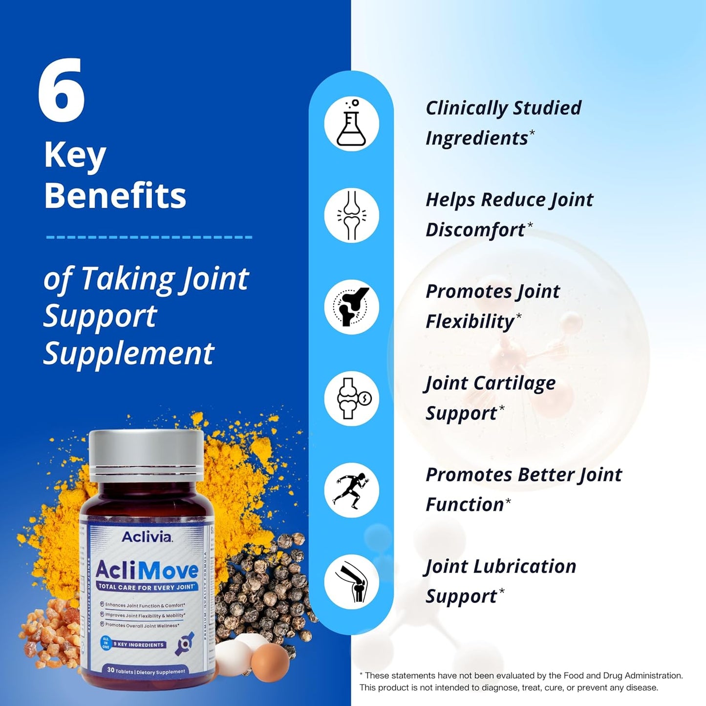 Aclivia AcliMove Joint Support Supplement with Hyaluronic Acid & Collagen for Mobility & Flexibility - Non-GMO, Gluten-Free - 30 Tablets