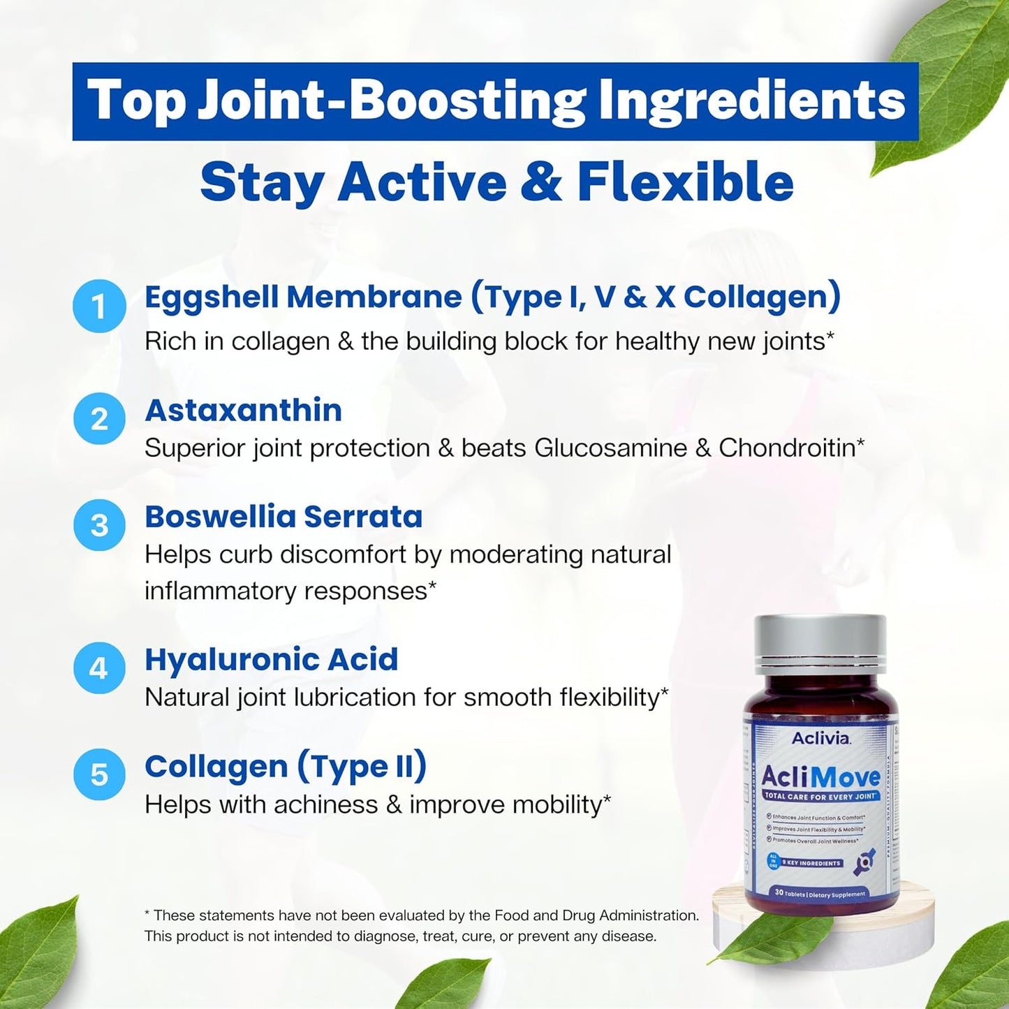 Aclivia AcliMove Joint Support Supplement with Hyaluronic Acid & Collagen for Mobility & Flexibility - Non-GMO, Gluten-Free - 30 Tablets