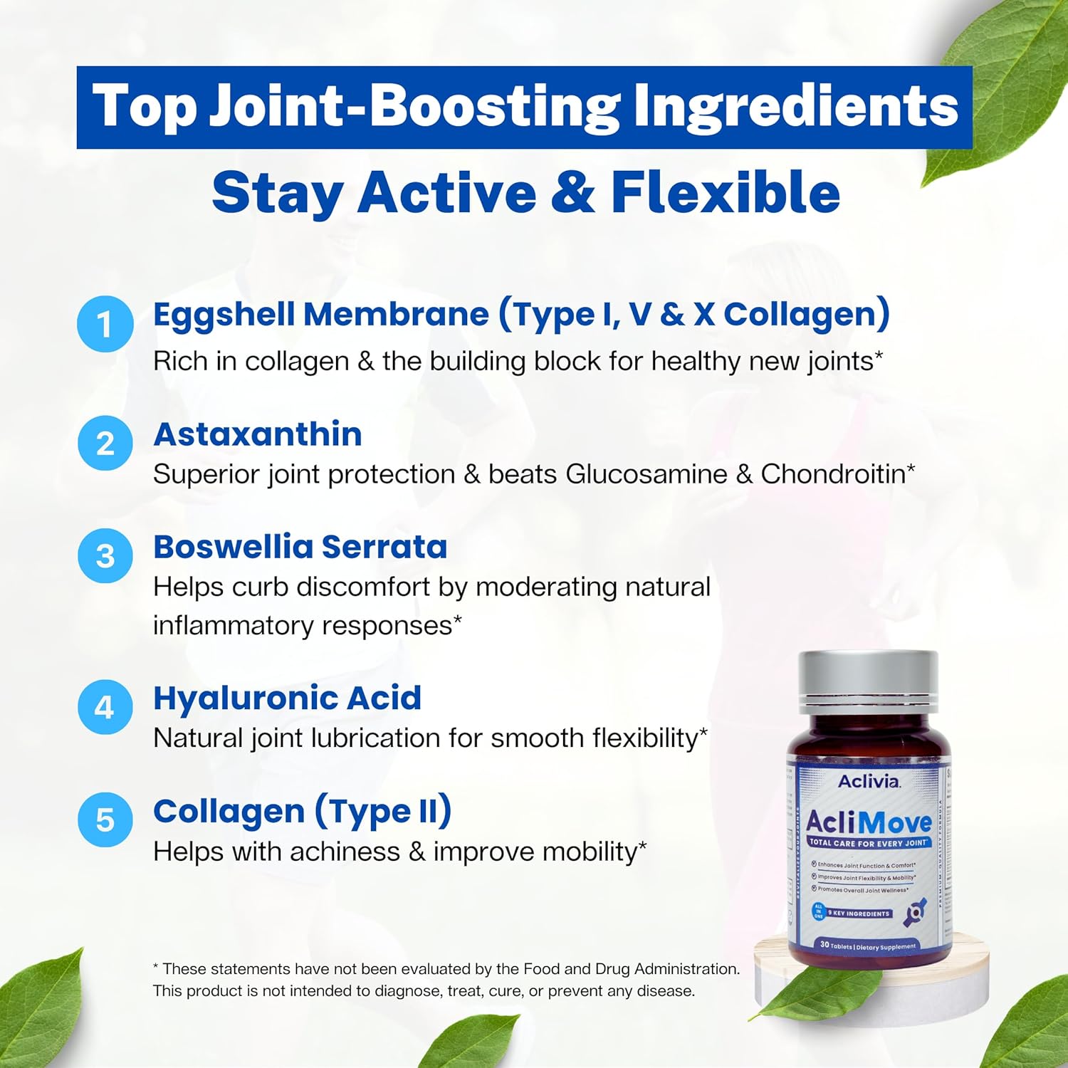Aclivia AcliMove Joint Support Supplement with Hyaluronic Acid & Collagen for Mobility & Flexibility - Non-GMO, Gluten-Free - 30 Tablets