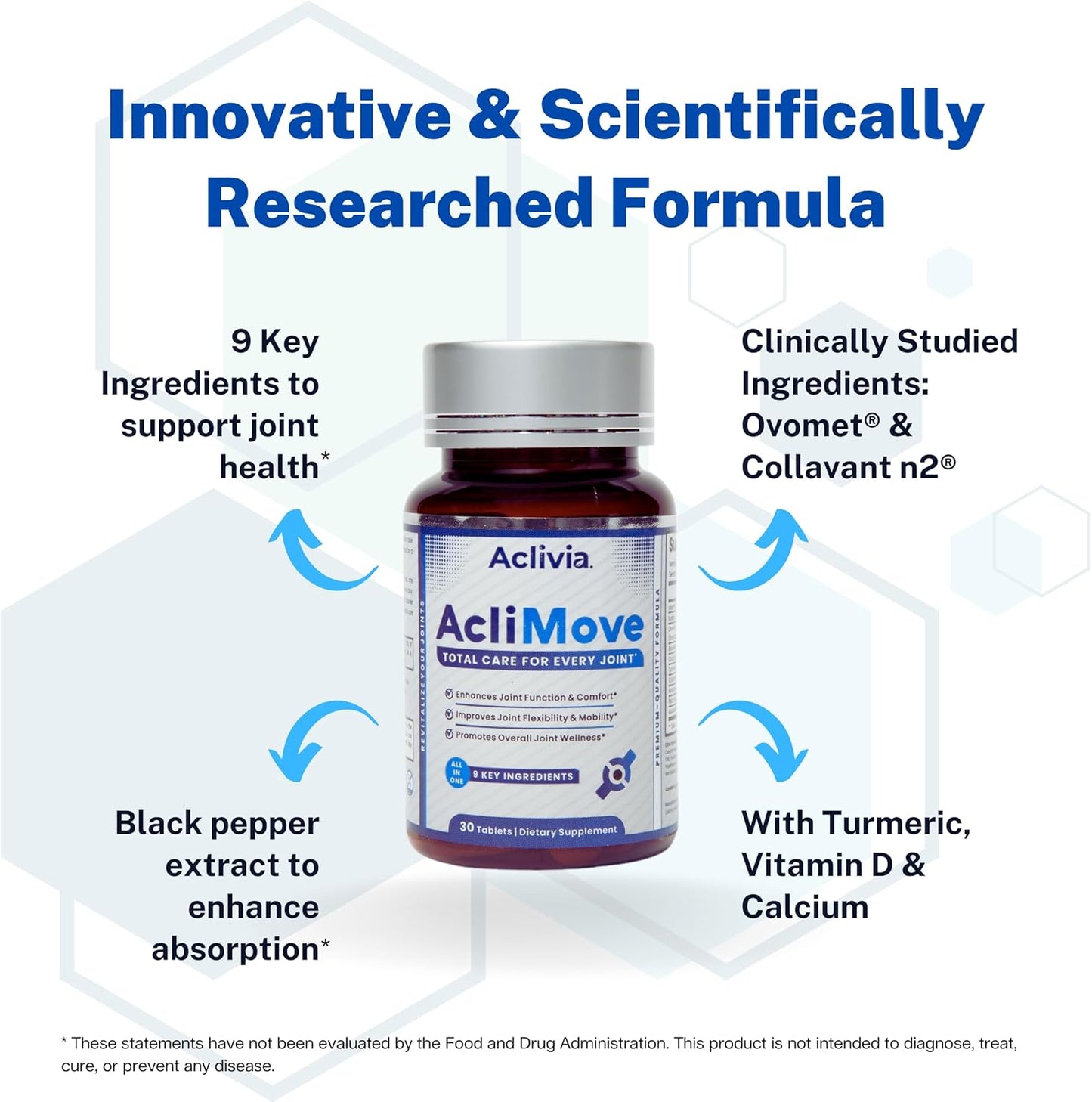 Aclivia AcliMove Joint Support Supplement with Hyaluronic Acid & Collagen for Mobility & Flexibility - Non-GMO, Gluten-Free - 30 Tablets