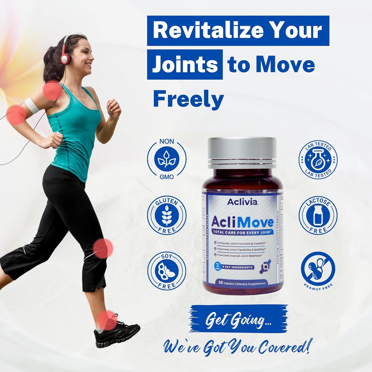 Aclivia AcliMove Joint Support Supplement with Hyaluronic Acid & Collagen for Mobility & Flexibility - Non-GMO, Gluten-Free - 30 Tablets