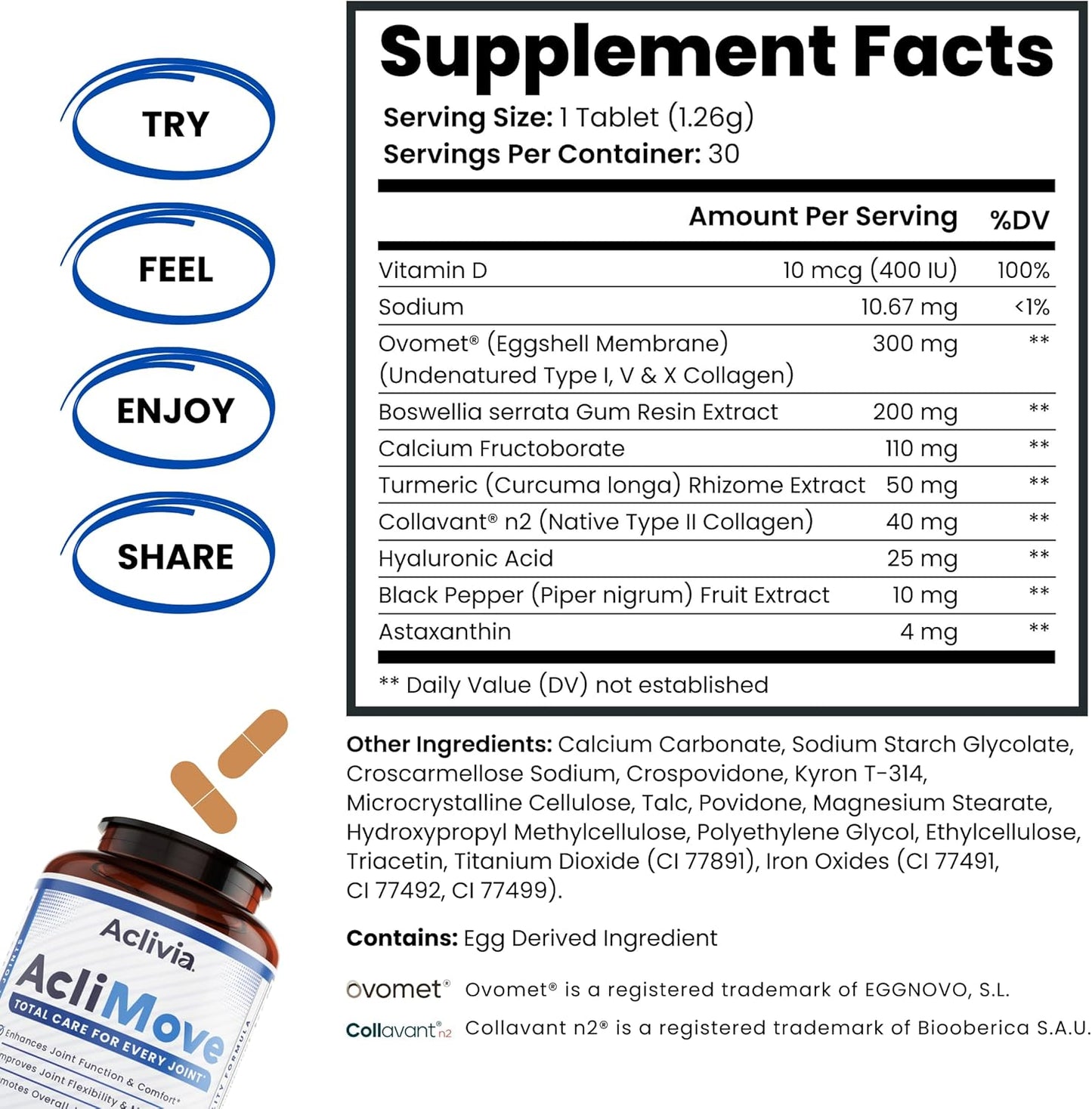 Aclivia AcliMove Joint Support Supplement with Hyaluronic Acid & Collagen for Mobility & Flexibility - Non-GMO, Gluten-Free - 30 Tablets