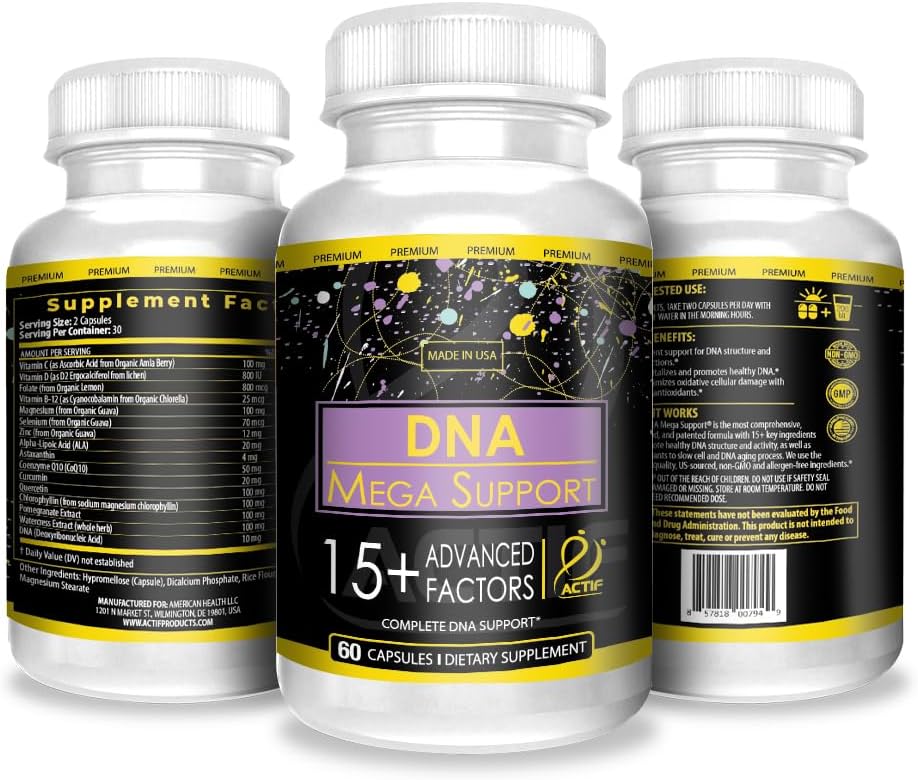 ACTIF DNA Mega Support Supplement - 15+ Advanced Factors, Non-GMO, Fast-Acting, 60 Count, Made in USA