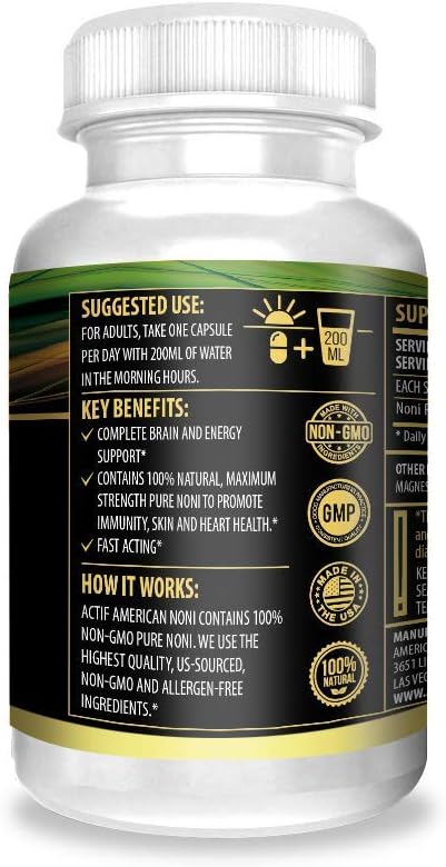 Actif Organic Noni Capsules - Maximum Strength Hawaiian Noni Supplement, Non-GMO, USA-Made, 100 Capsules