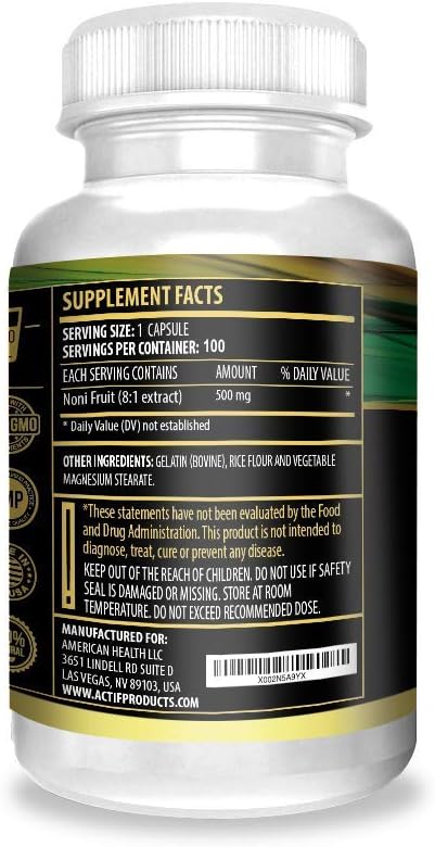 Actif Organic Noni Capsules - Maximum Strength Hawaiian Noni Supplement, Non-GMO, USA-Made, 100 Capsules