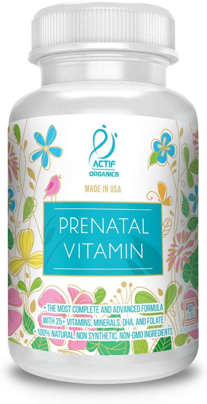 ACTIF Organic Prenatal Vitamin with 25+ Organic Vitamins, DHA, EPA, Omega 3, Herbal Blend - Non-GMO, 90 Count