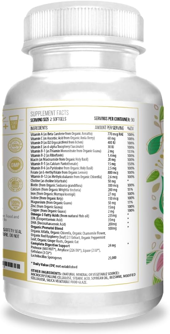 ACTIF Organic Prenatal Vitamin with 25+ Organic Vitamins, DHA, EPA, Omega 3, Herbal Blend - Non-GMO, 90 Count