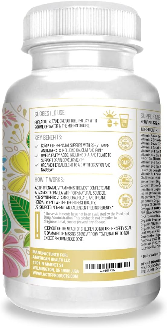 ACTIF Organic Prenatal Vitamin with 25+ Organic Vitamins, DHA, EPA, Omega 3, Herbal Blend - Non-GMO, 90 Count