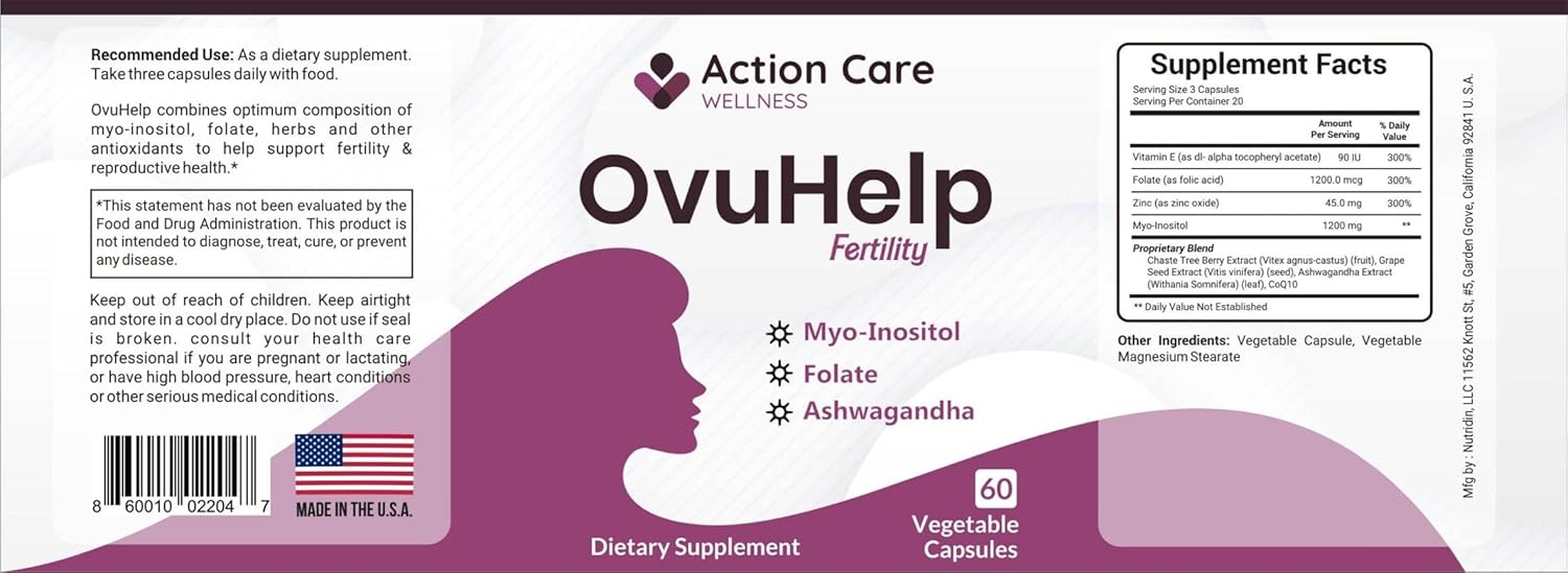 Action Care Wellness OvuHelp Fertility Supplement for Women - Herbal Formula with Essential Nutrients for Reproductive Health - 60 Capsules