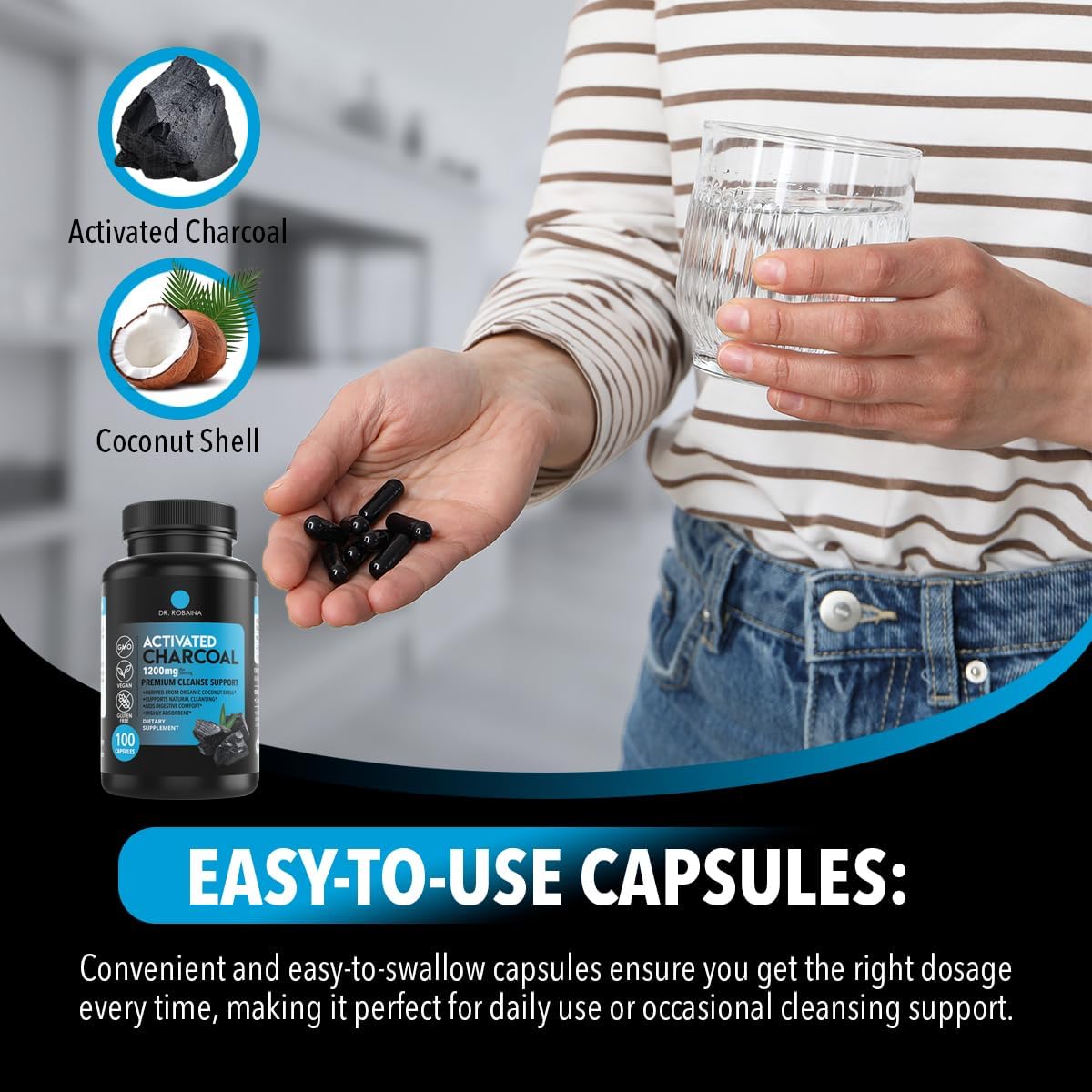 Activated Charcoal Capsules - 1200mg Natural Detox & Digestive Support - 200 Capsules (2 Bottles) by Dr. Robaina, Made in USA