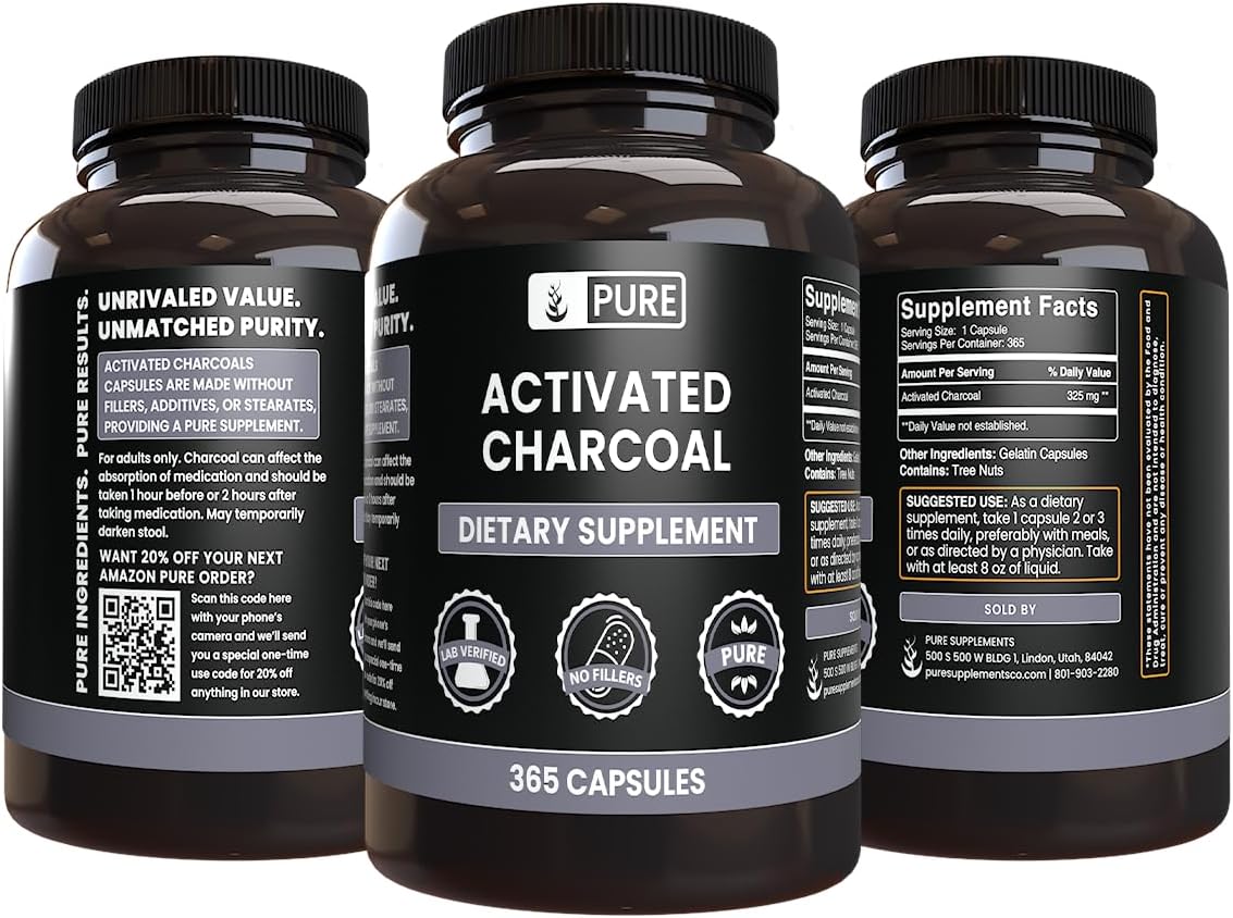 Activated Charcoal Capsules - Pure Ingredients, No Fillers, Lab Verified (365 Count)