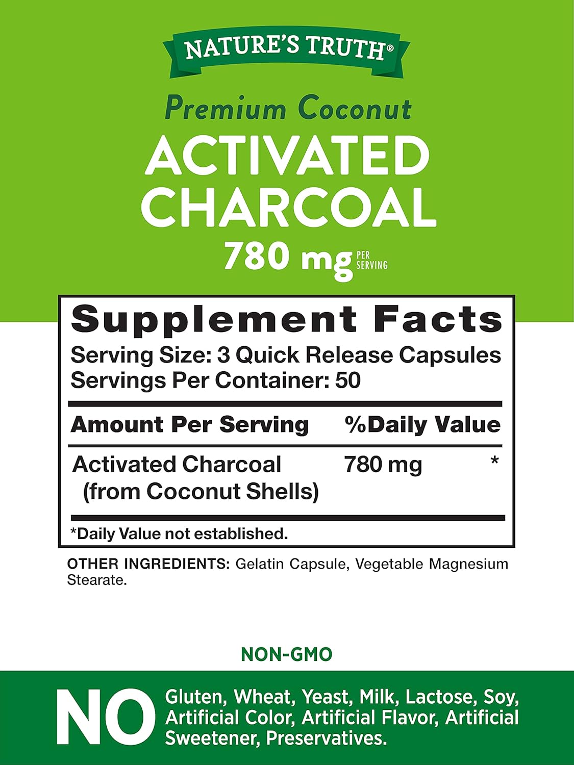 Activated Charcoal Capsules 780 mg - 150 Pills Value Size - Non-GMO & Gluten Free Formula by Nature's Truth