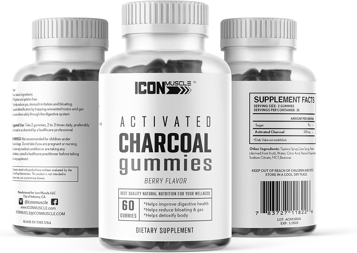 Activated Charcoal Gummies for Muscle Support | Natural Detox | Relieves Gas & Bloating | Vegan | 60 Gummies