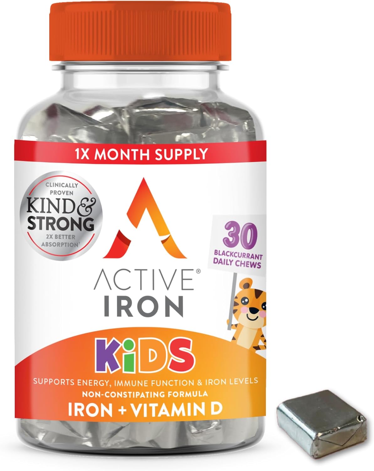 ActiveIron Kids: Iron Supplements with Vitamin D for Immune Support & Energy - 30 Blackcurrant Chews, Non-Constipating