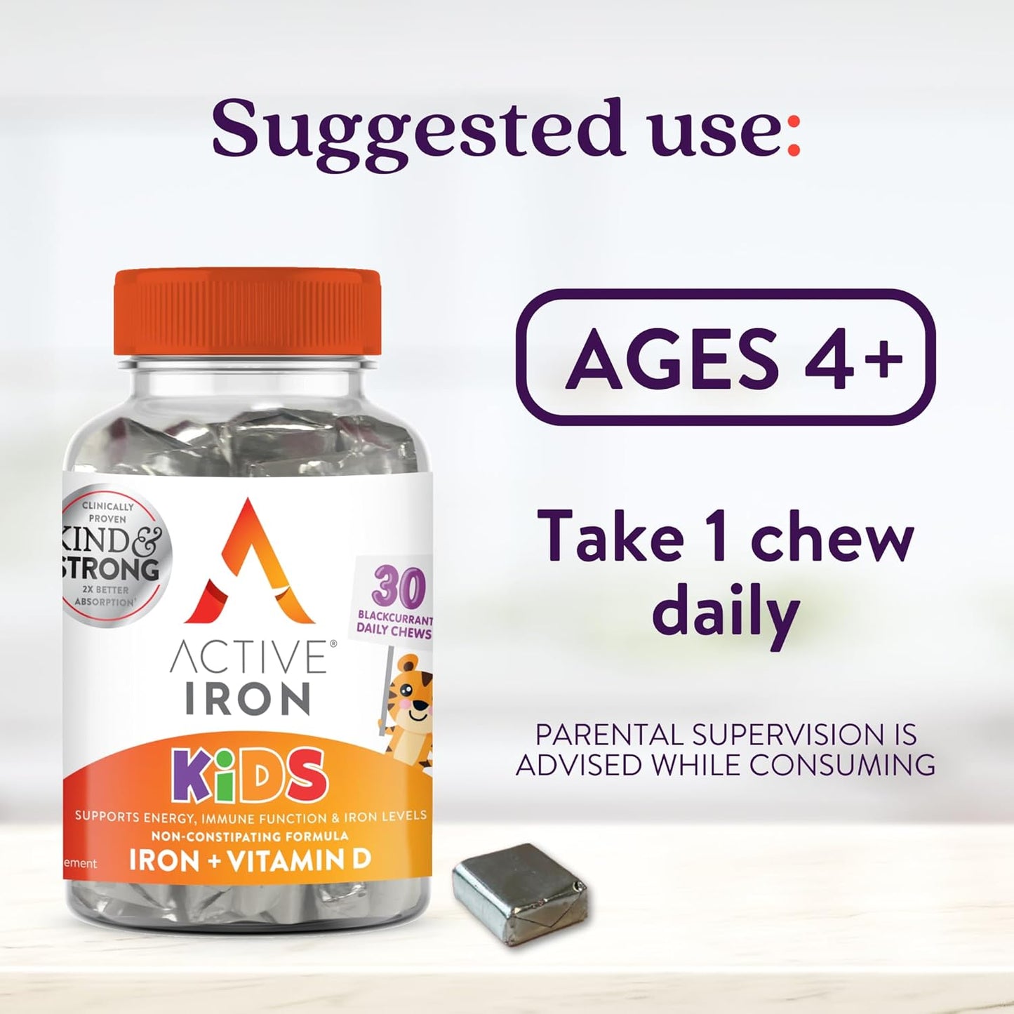 ActiveIron Kids: Iron Supplements with Vitamin D for Immune Support & Energy - 30 Blackcurrant Chews, Non-Constipating