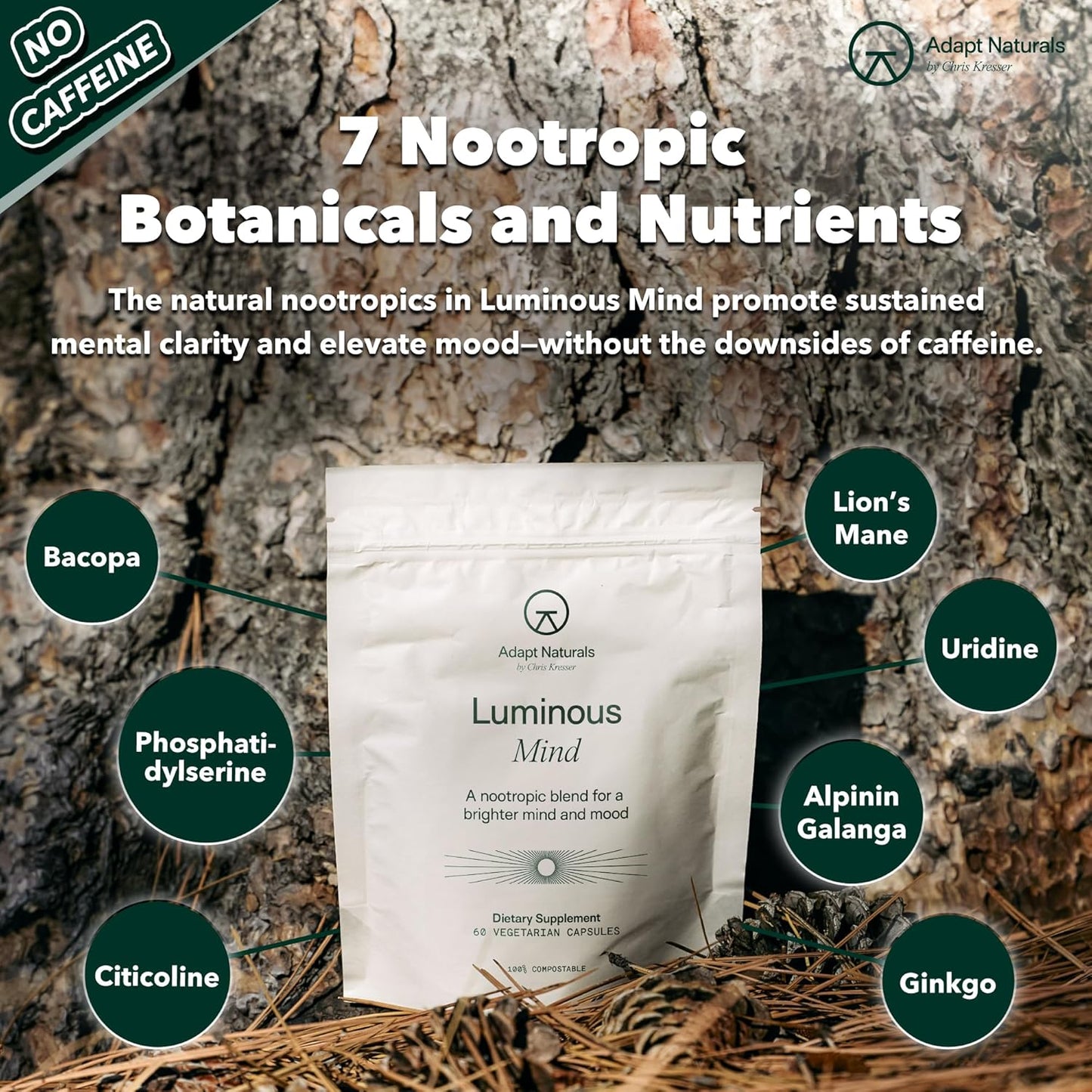 Adapt Naturals Luminous Mind Nootropic Supplement for Memory, Focus, and Mood Support - Caffeine-Free Brain Formula with Ginkgo Biloba, Bacopa, and Lions Mane - 30 Day Supply