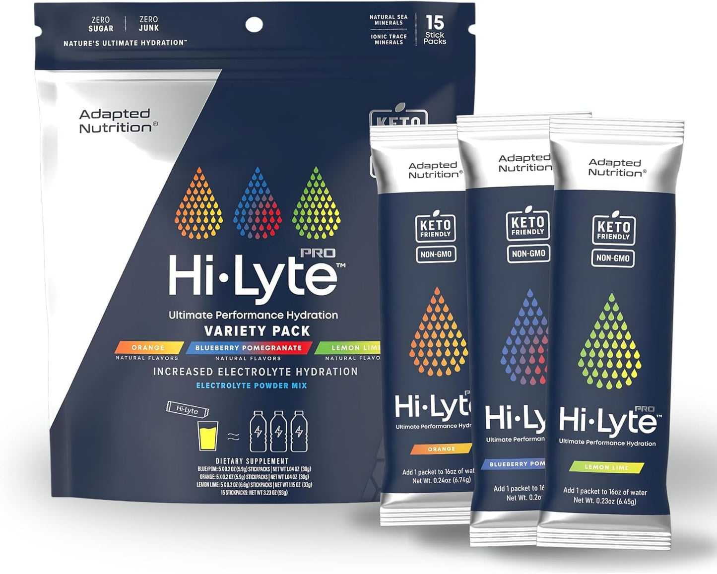 Adapted Nutrition Hi-Lyte Pro Hydration Packets - 15 Individual Drink Packets, Variety Pack, Flavored Electrolyte Powder - Sugar-Free, Zero Carb, Zero Calorie