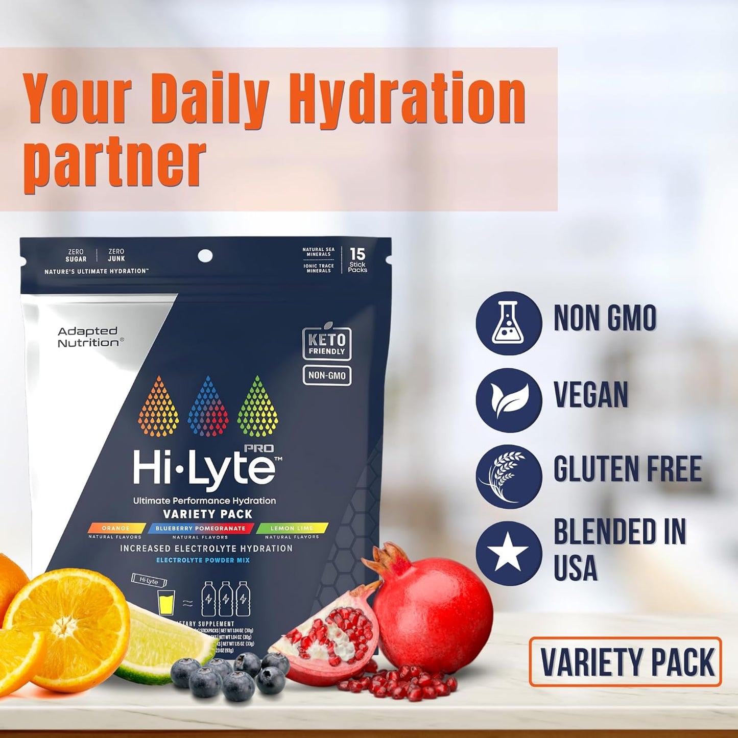 Adapted Nutrition Hi-Lyte Pro Hydration Packets - 15 Individual Drink Packets, Variety Pack, Flavored Electrolyte Powder - Sugar-Free, Zero Carb, Zero Calorie