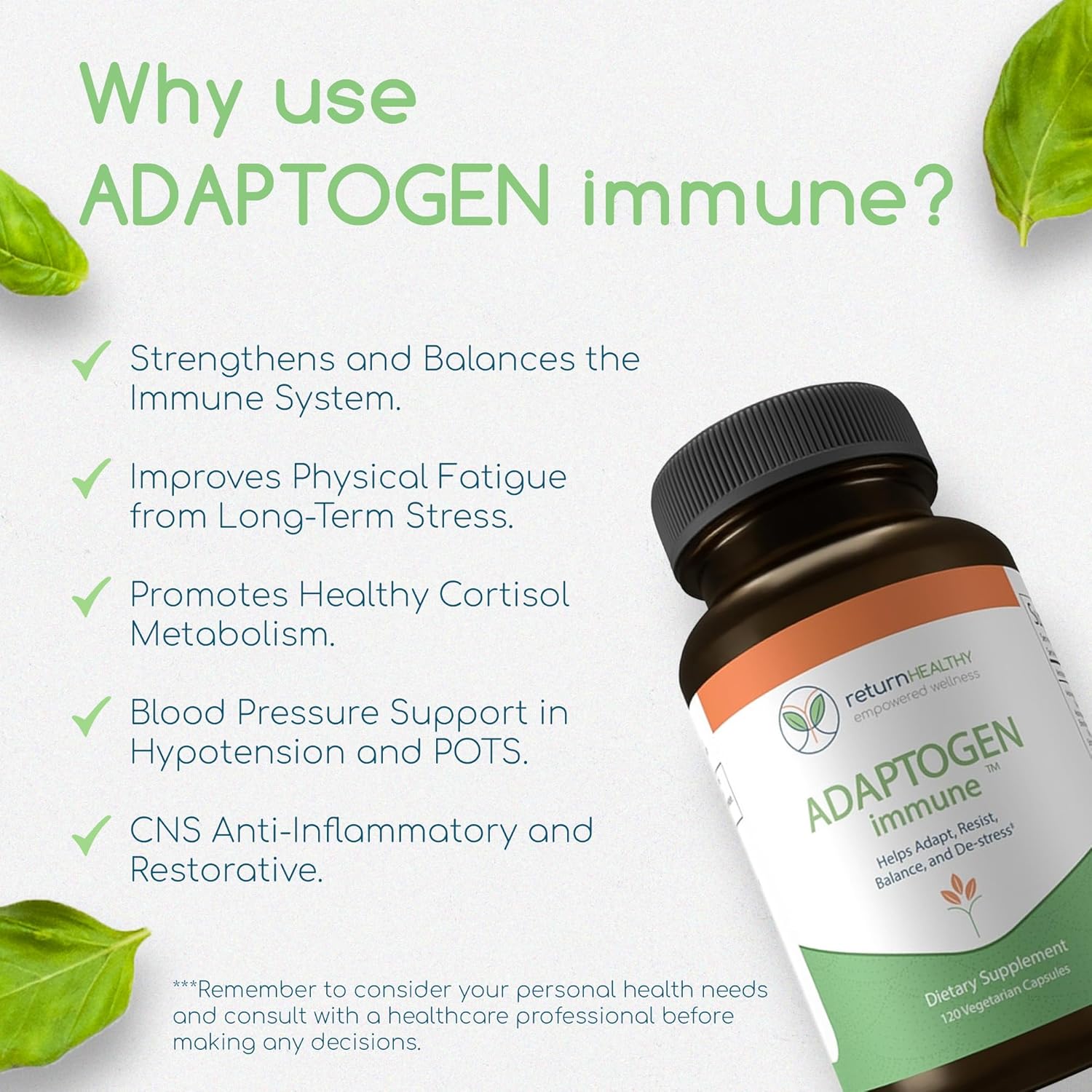 Adaptogen Immune Support Supplement with Ashwagandha, Siberian Ginseng, Astragalus Root - Promotes Healthy Body Functioning and Stress Relief - 120 Capsules