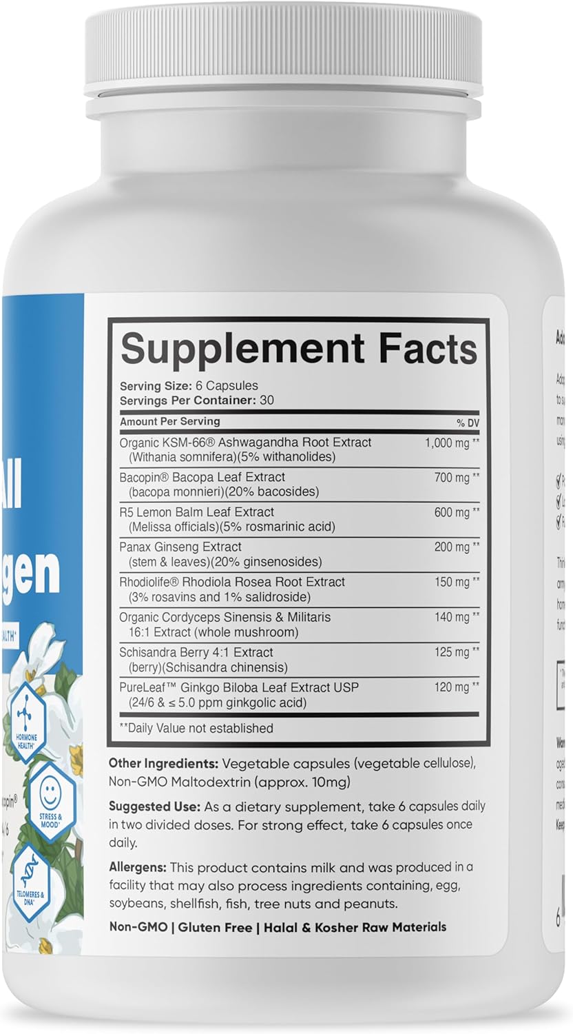 Adaptogen Stress & Mood Support Supplement with KSM-66 Ashwagandha - 180 Capsules
