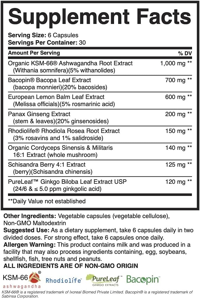 Adaptogen Stress & Mood Support Supplement with KSM-66 Ashwagandha - 180 Capsules