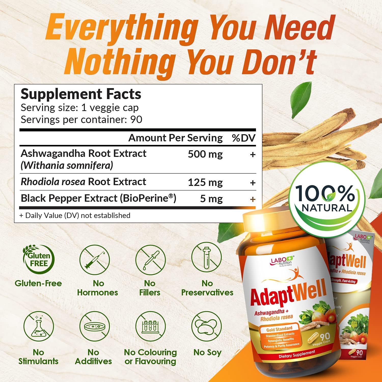 AdaptWell Ashwagandha & Rhodiola Root Extract Capsules with Bioperine - 90 Count for Relaxation, Adrenal Health, Immune Support & Thyroid Function