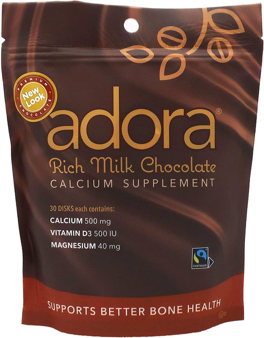 Adora Premium Vitamin D3, Magnesium, and Calcium Milk Chocolate Supplement - 30 Count x 2 Pack
