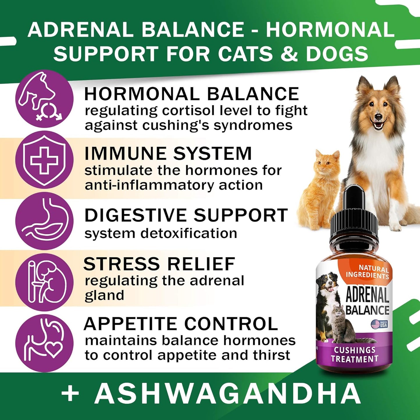 Adrenal Balance Herbal Drops for Dogs and Cats - Natural Cushings Treatment with Ashwagandha, Licorice Root, Rhodiola Rosea - 2oz