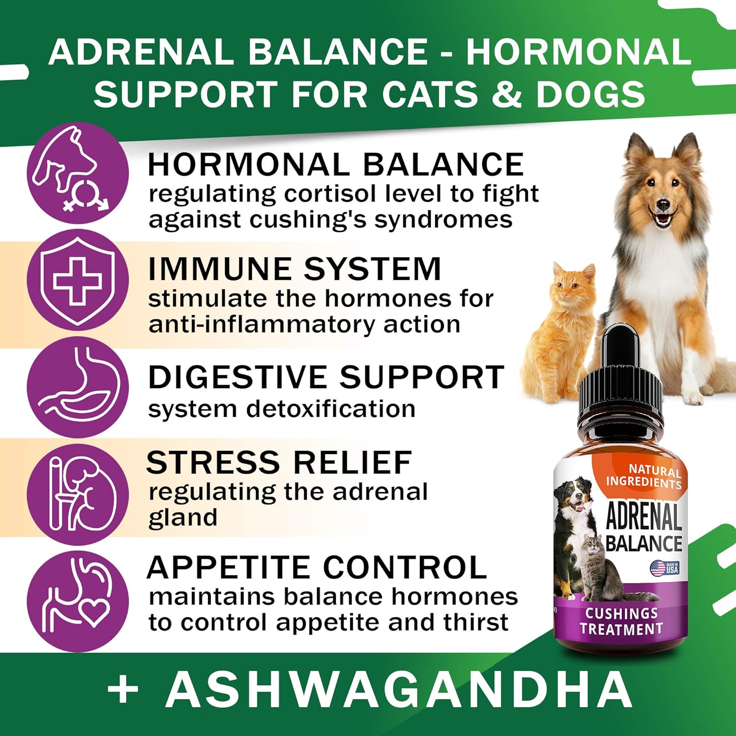 Adrenal Balance Herbal Drops for Dogs and Cats - Natural Cushings Treatment with Ashwagandha, Licorice Root, Rhodiola Rosea - 2oz
