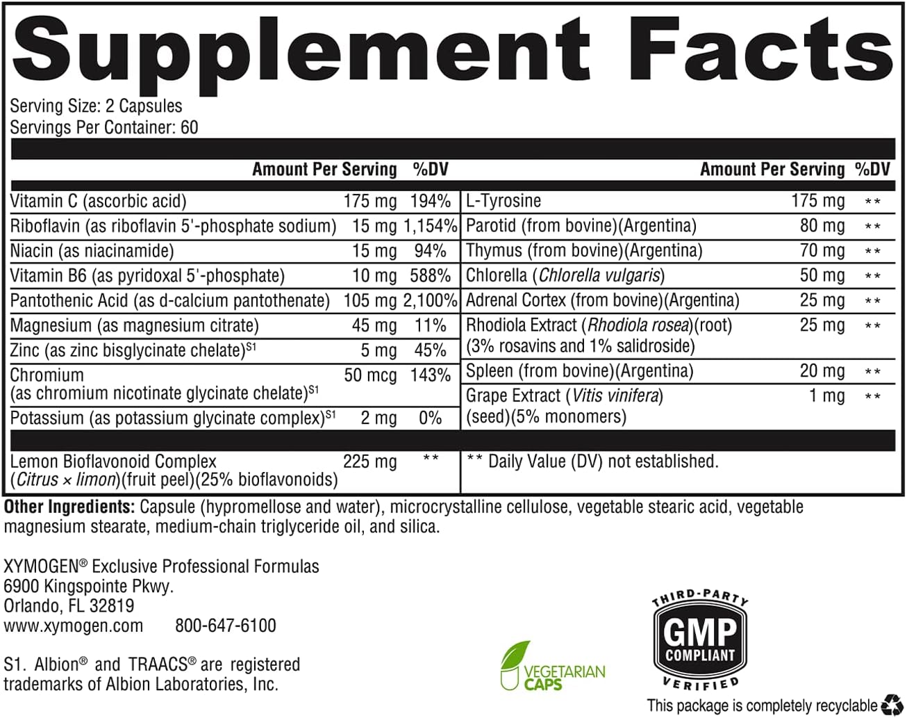 Adrenal Manager Supplement - Energy & Stress Support with L-Tyrosine, Zinc, VIT B6 - 120 Capsules