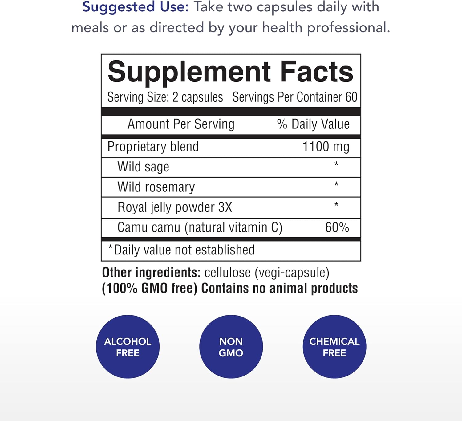 AdrenoPower Energy & Adrenal Support Supplement - 120 Vegi Capsules - Physician's Strength Formula with Royal Jelly, Wild Rosemary, Sage, Camu Camu, Pantothenic Acid - 60 Servings