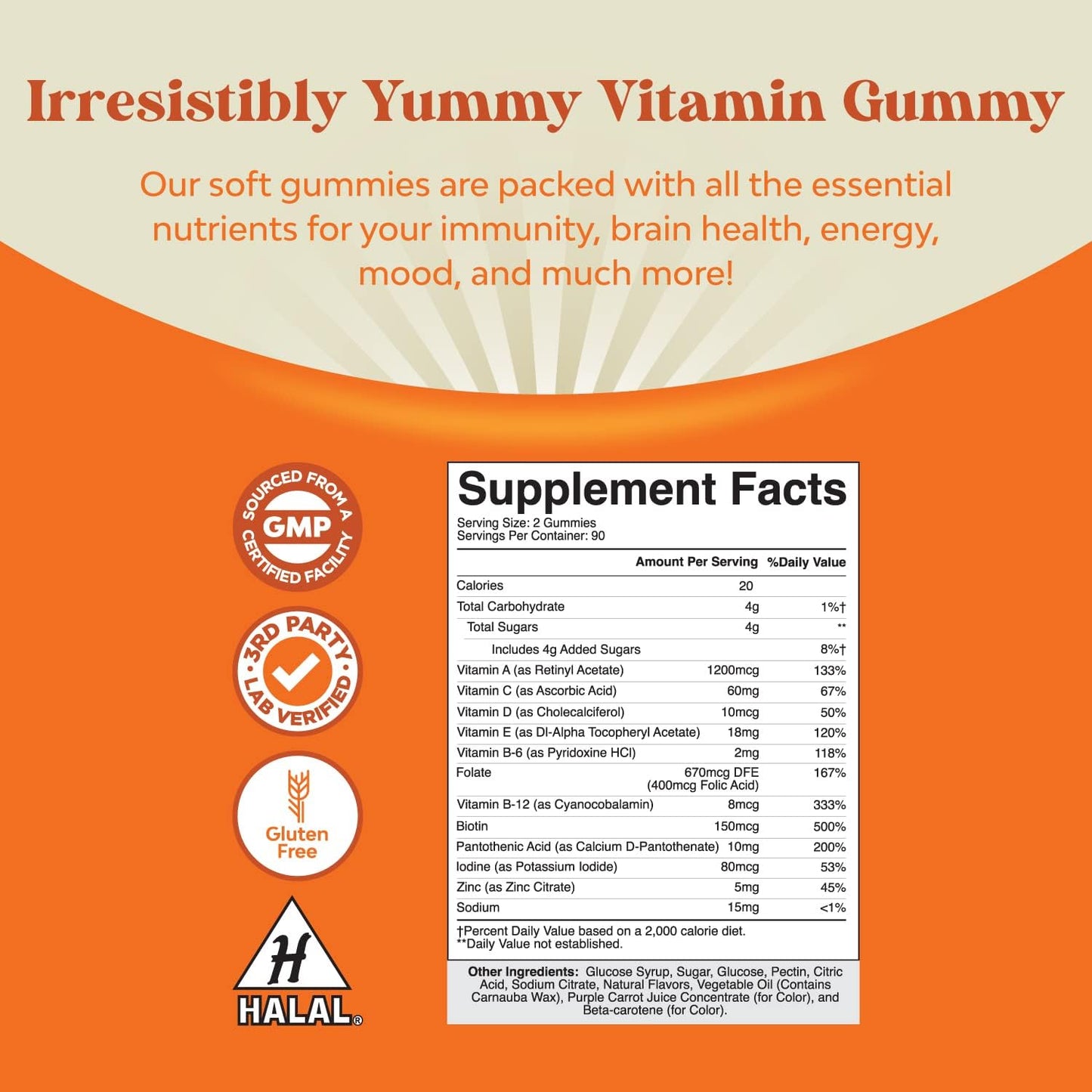Adult Daily Multivitamin Gummies with Vitamin D, C, E, B12, Zinc, and Biotin for Energy & Immune Health - Non-GMO, Gluten Free, Halal - 180 Gummies