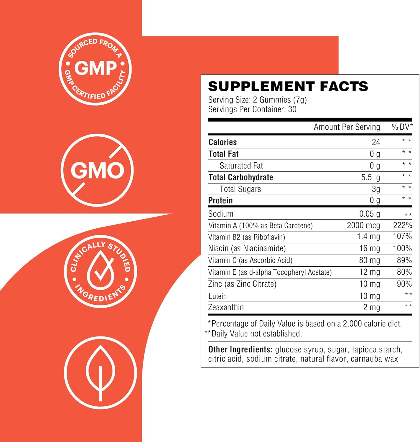 Adult Eye Health Gummy Vitamins with Lutein, Zeaxanthin, Vitamins A, B, C & E, Macular & Retinal Support, Antioxidant Formula, 30-Day Supply, Peach Flavor