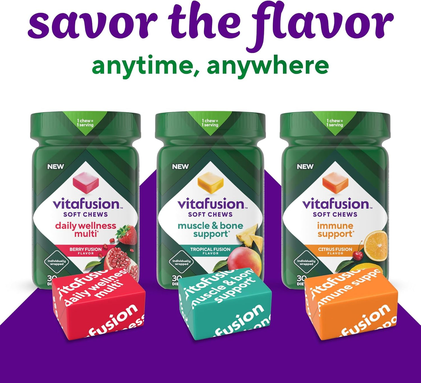Adult Vitamin D Soft Chews for Bone & Muscle Support, Tropical Fusion Flavor, 30 Individually Wrapped Chews