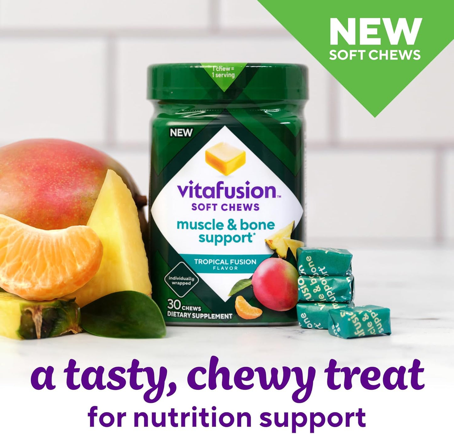 Adult Vitamin D Soft Chews for Bone & Muscle Support, Tropical Fusion Flavor, 30 Individually Wrapped Chews