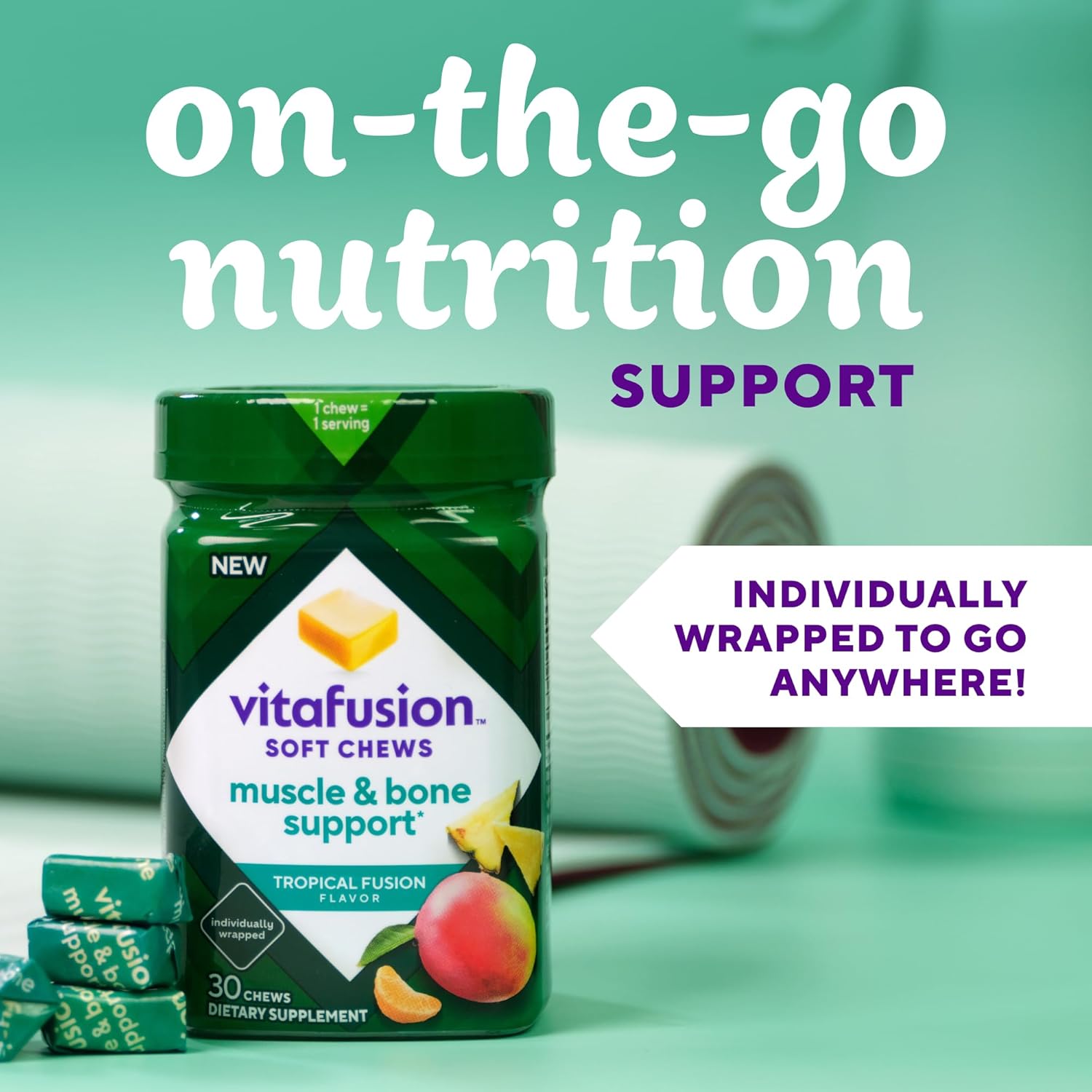 Adult Vitamin D Soft Chews for Bone & Muscle Support, Tropical Fusion Flavor, 30 Individually Wrapped Chews