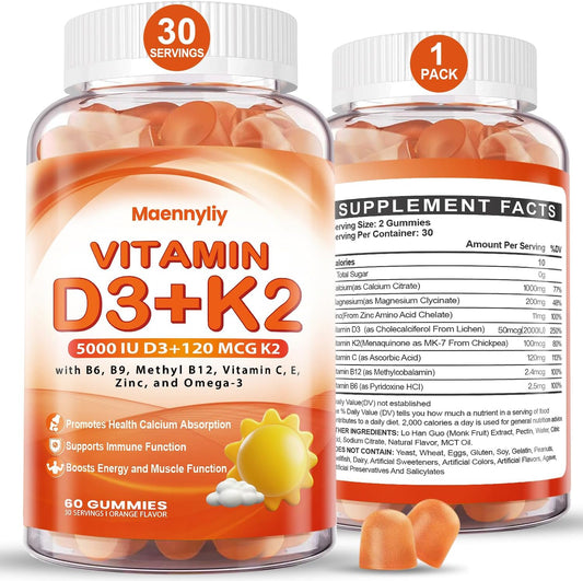 Adult Vitamin D3 K2 Gummies - 5000IU D3 + 120mcg K2 (MK-7) - Sugar-Free with Omega-3, B12, B9, B6, E & Zinc - Supports Calcium Absorption & Immune Health